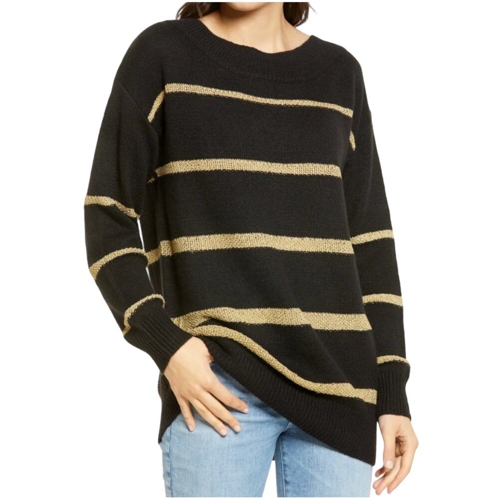 NEW Treasure & Bond Metallic Gold Striped Sweater in Black - Gold Size Medium